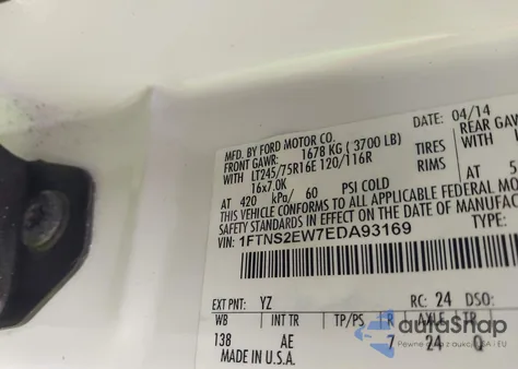 2014 Ford E-250 Commercial z USA, uszkodzony, nr VIN 1FTNS2EW7EDA93169